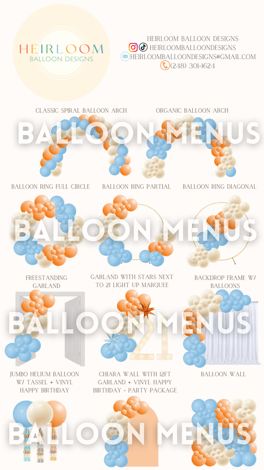 Heirloom Balloon Designs- Client Balloon Menu