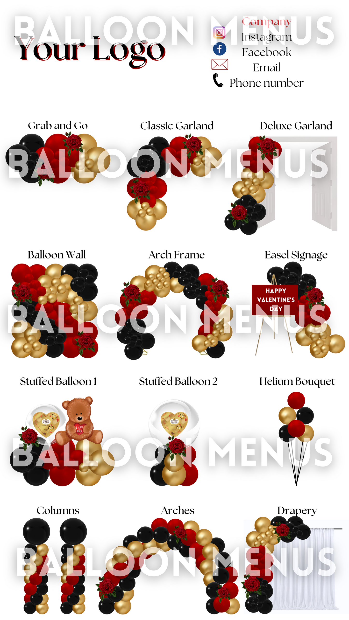 Valentine’s Day Seasonal Premade Editable Balloon Menu (Black,Gold, Red)