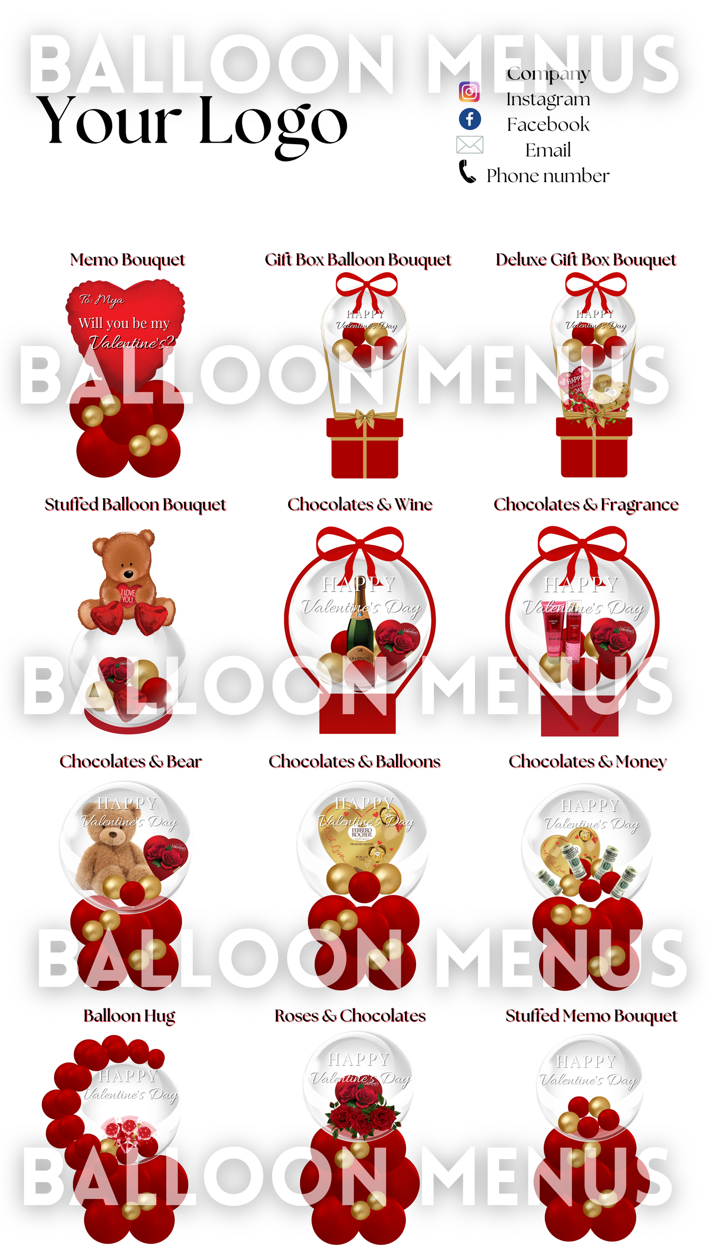 Valentine’s Day Seasonal Premade Editable Balloon Menu Stuffed Balloon Bouquets (Red and Gold)