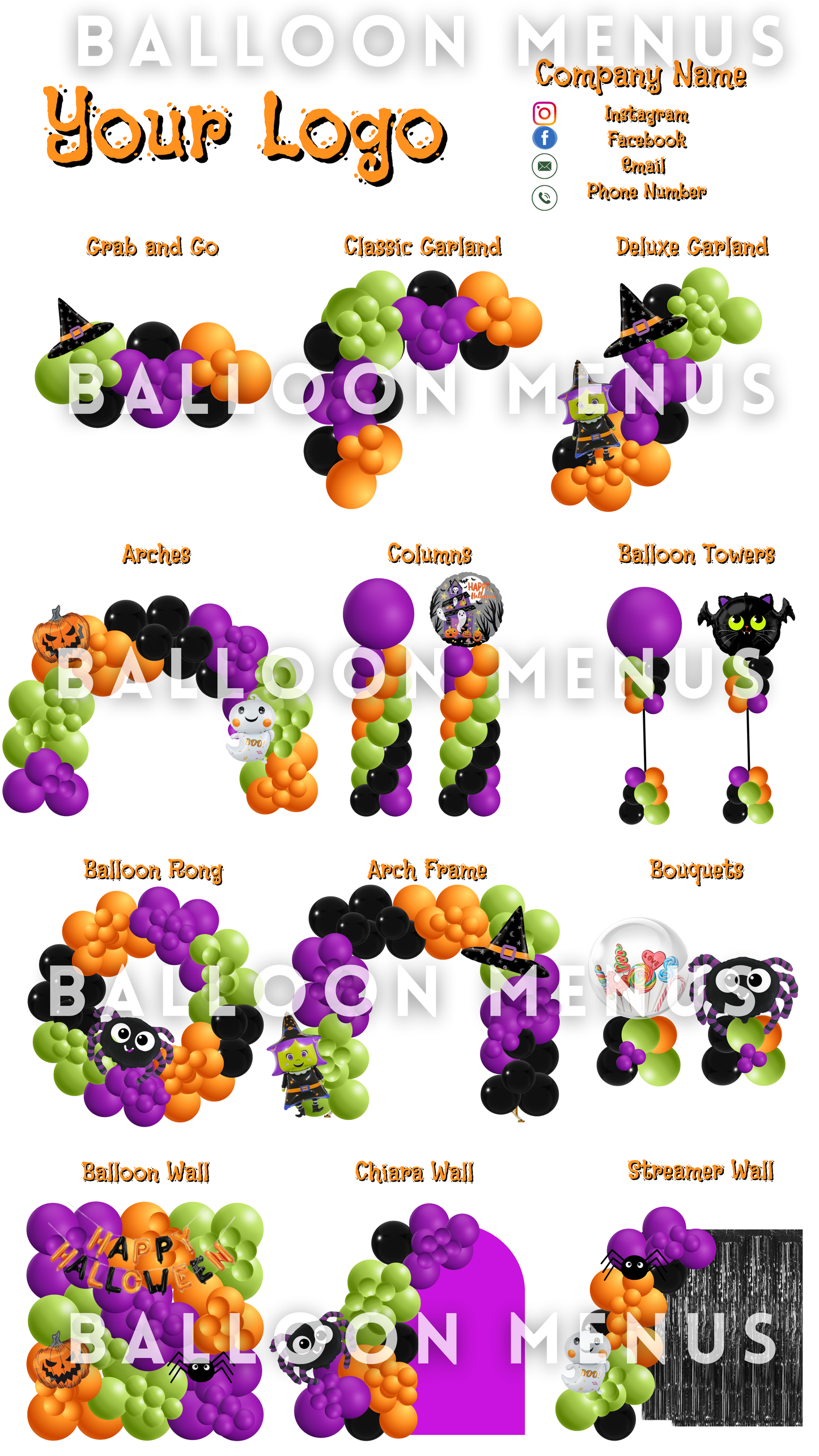 Seasonal Spooky Halloween Balloon Menu Template-Editable (Lime green, Purple, Orange and Black)