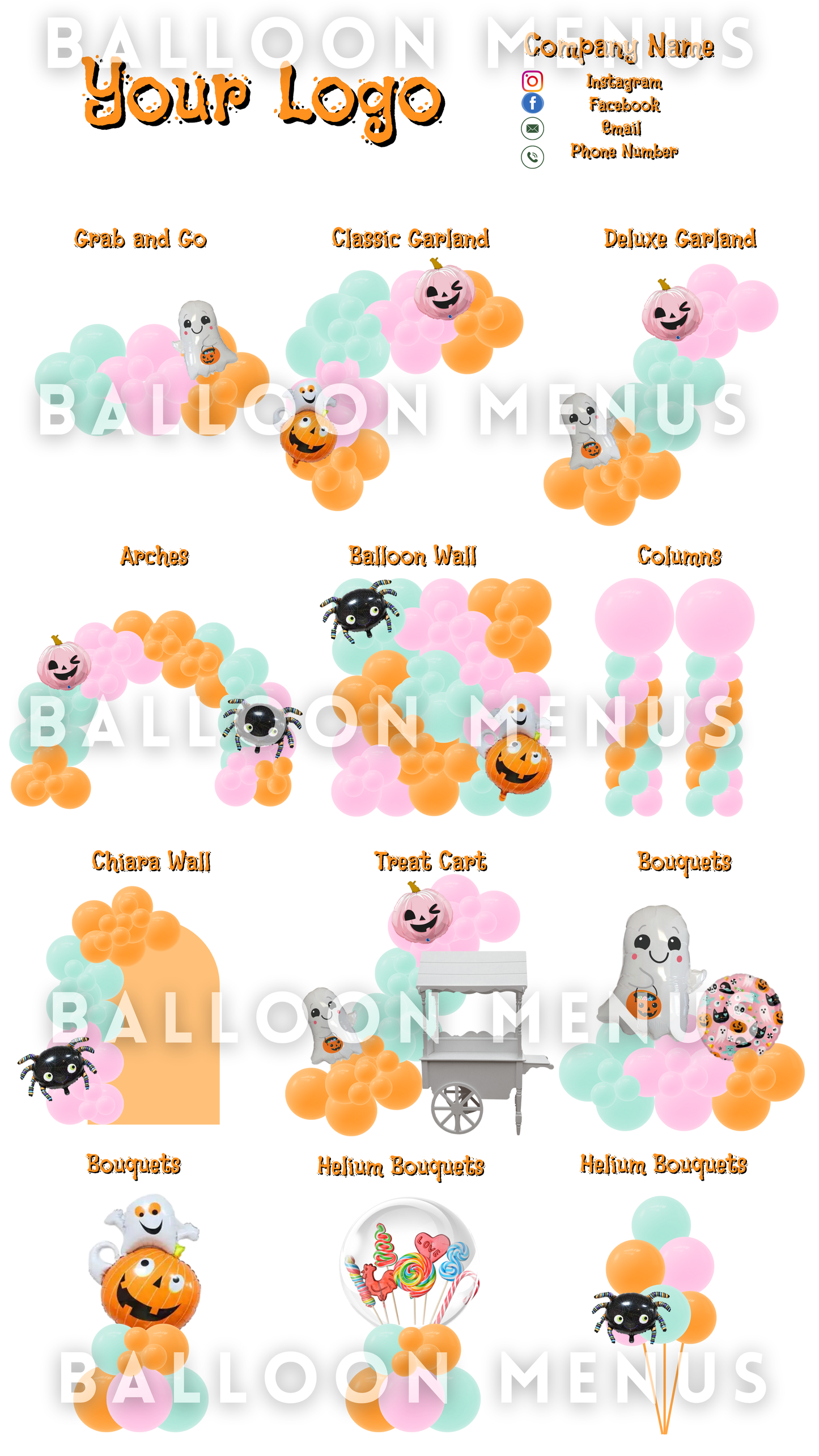 Seasonal Spooky Halloween Balloon Menu Template-Editable (Mint, Pink, Orange)