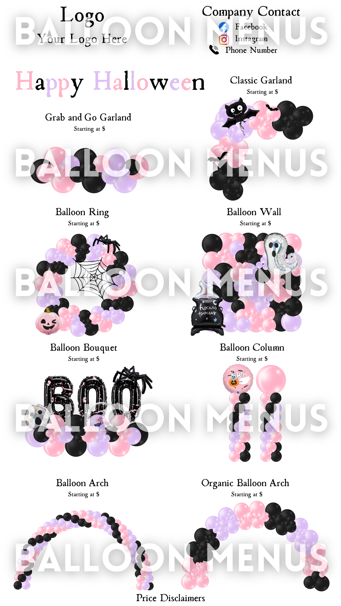 Seasonal Halloween Balloon Menu Template - Editable Pink Black